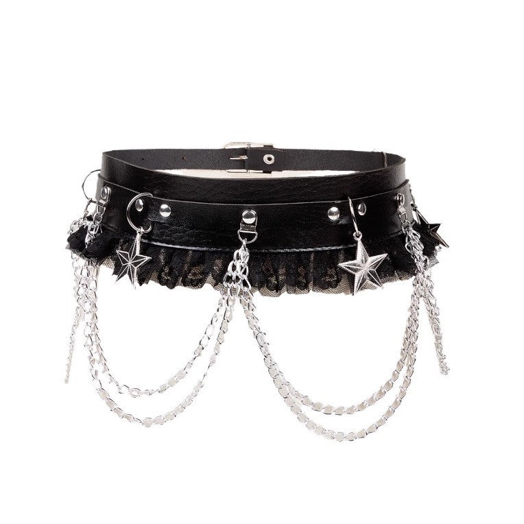 Dark Chain Punk Belt - Lace Spliced Decor For Dresses & Jackets
