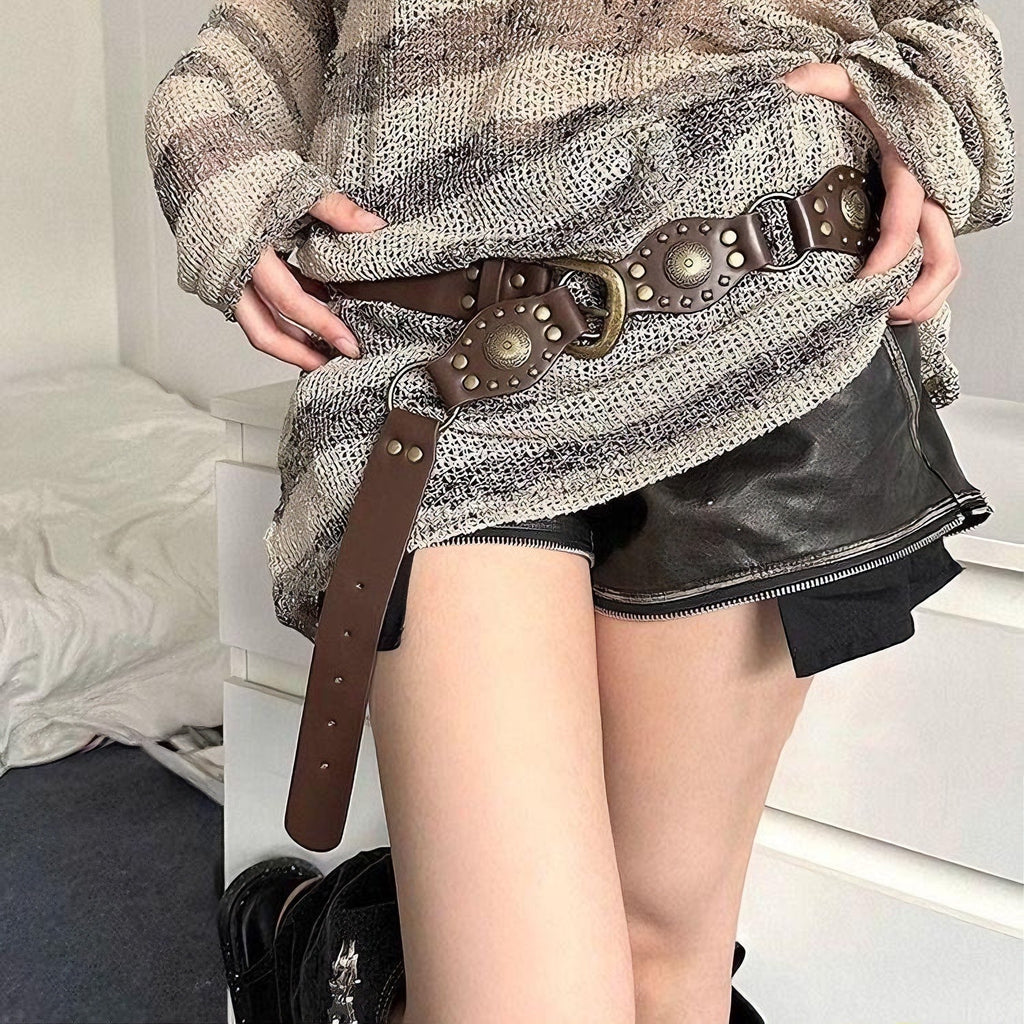 Retro Brown Rivet Belt - American Hollow Ins Style For Women