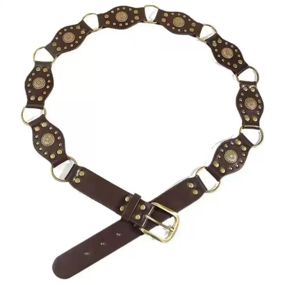 Retro Brown Rivet Belt - American Hollow Ins Style For Women