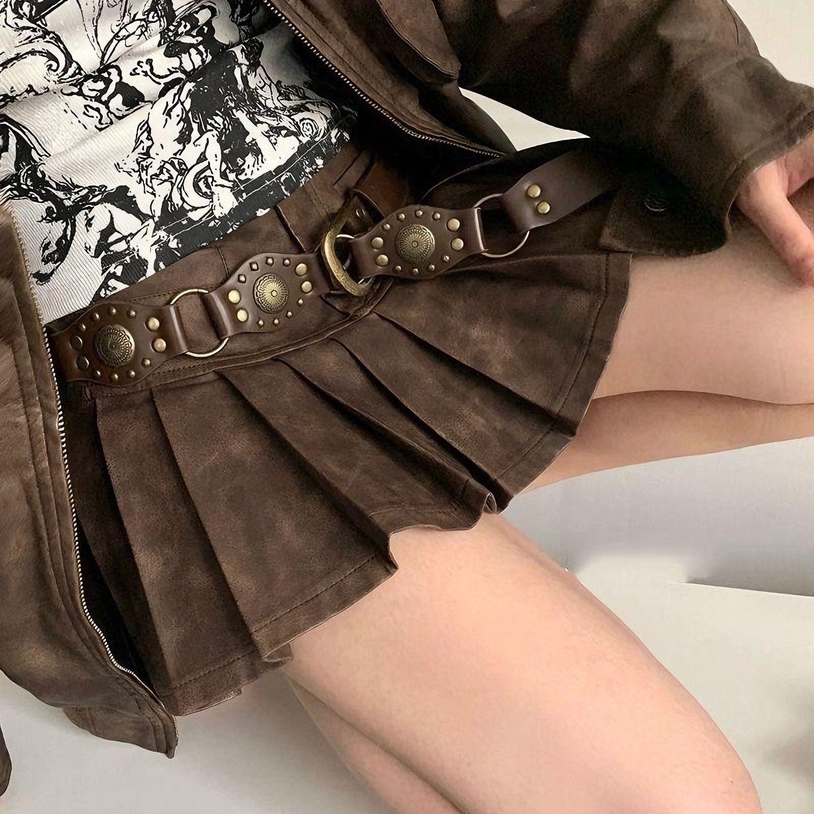 Retro Brown Rivet Belt - American Hollow Ins Style For Women