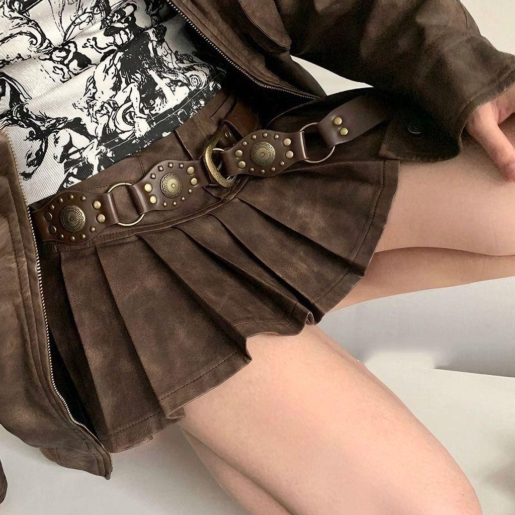 Retro Brown Rivet Belt - American Hollow Ins Style For Women
