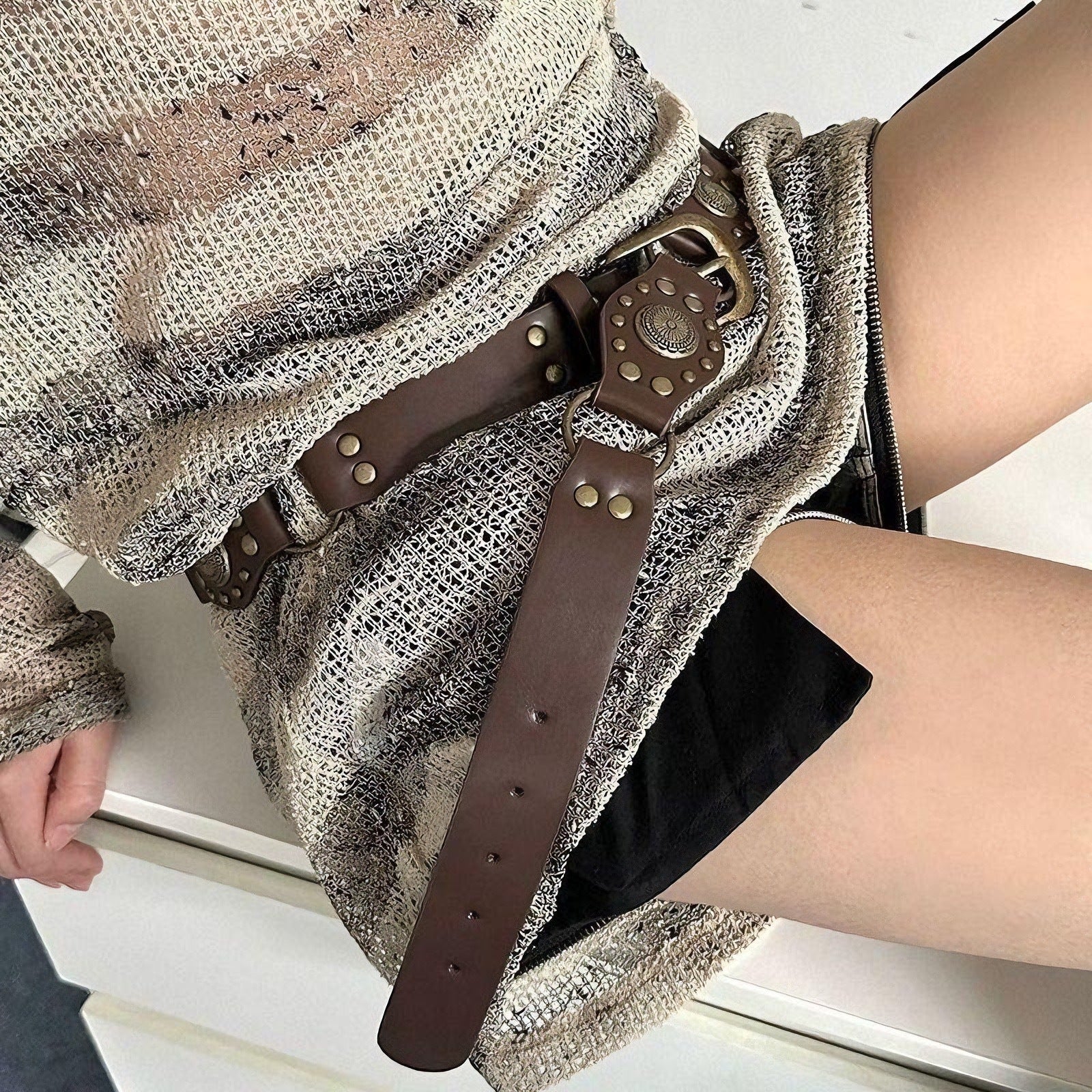 Retro Brown Rivet Belt - American Hollow Ins Style For Women